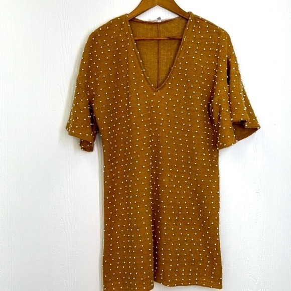 BCBGENERATION- Tan Flared Sleeves White Polka Dot Balls Short Sleeve Dress M - Picture 7 of 12